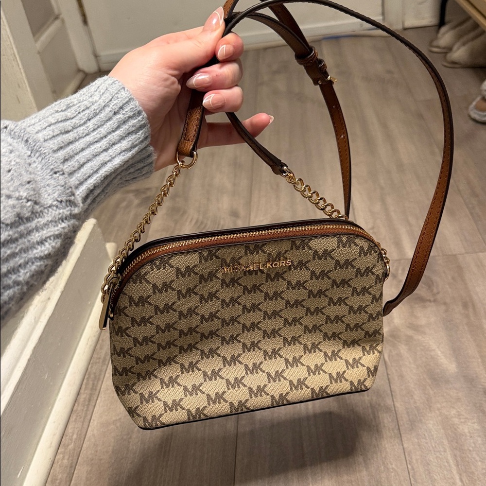 Michael Kors Tan and Brown Logo Crossbody Bag